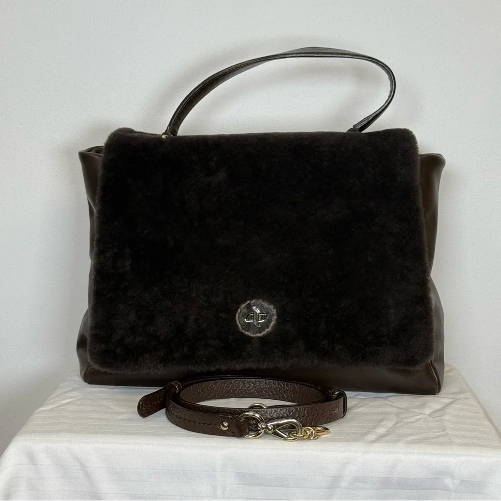 Varriale Italian Dark Brown Leather And Shearling Messenger Bag Adjustable Strap - Picture 12 of 16